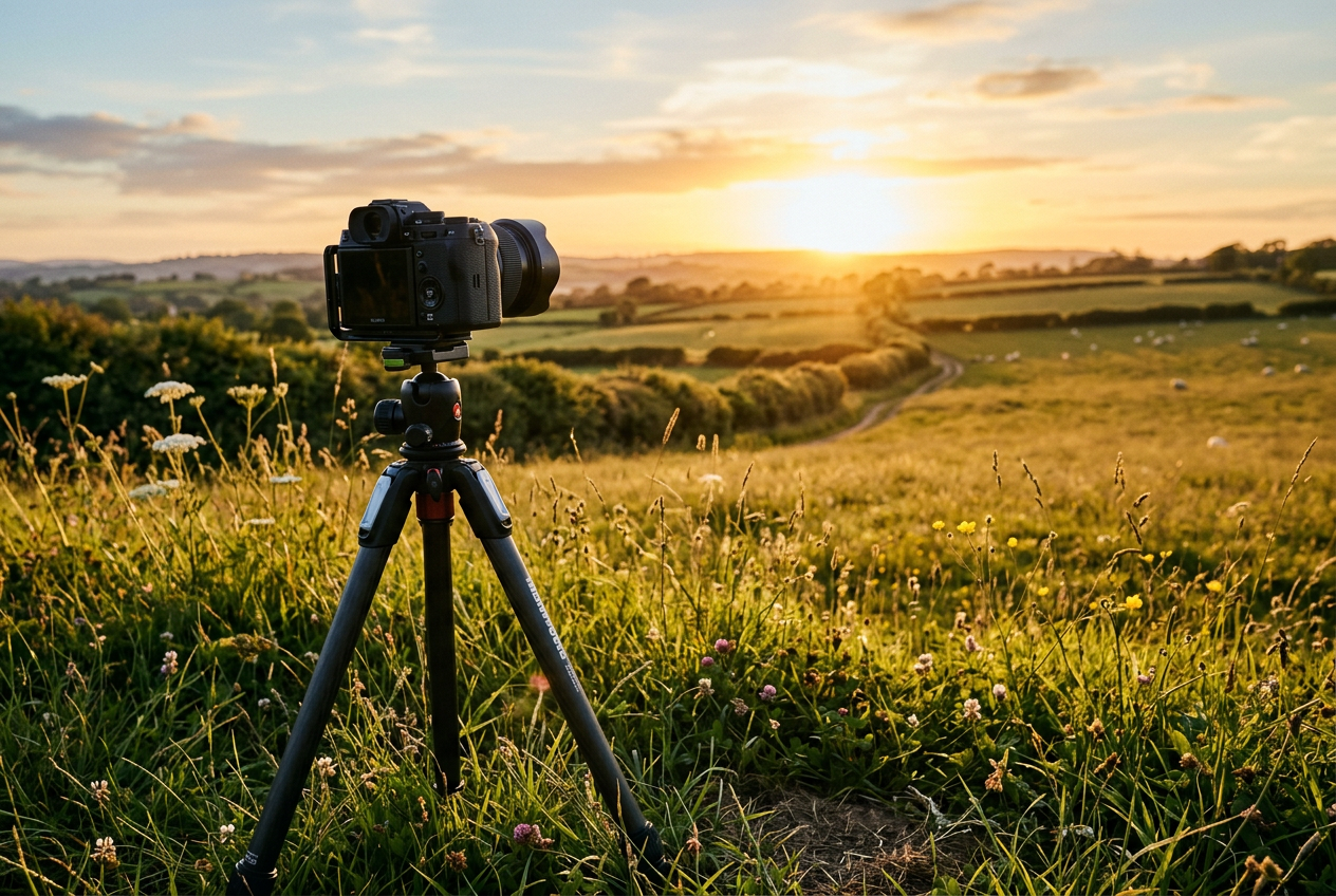 A camera on a tripod pointed towards a low sun over hedgerows and fields