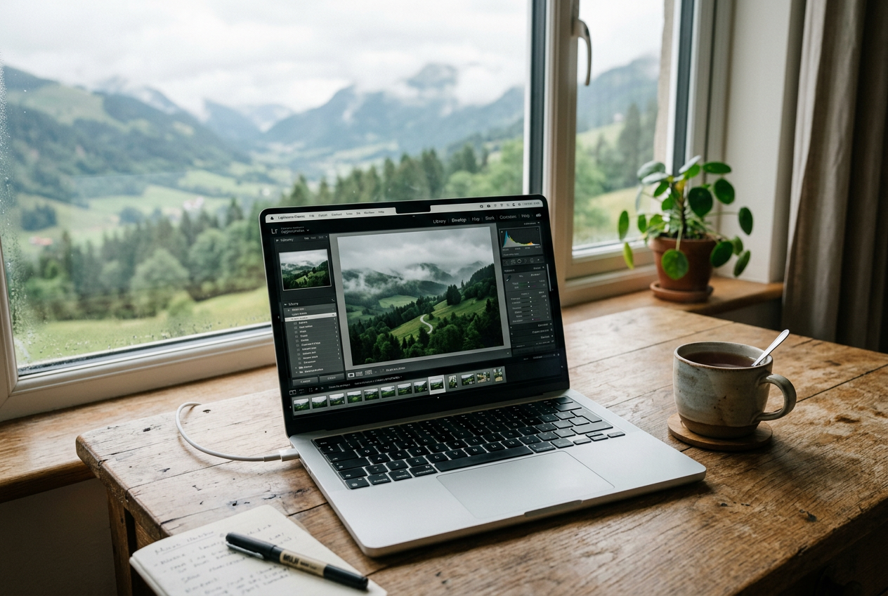 A laptop showing a landscape photo being edited, beside a mug of tea on a desk by a window
