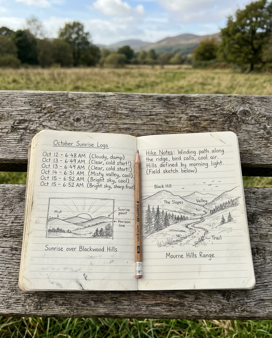 An open field notebook with pencil sketches and handwritten sun times, a pencil resting across the page