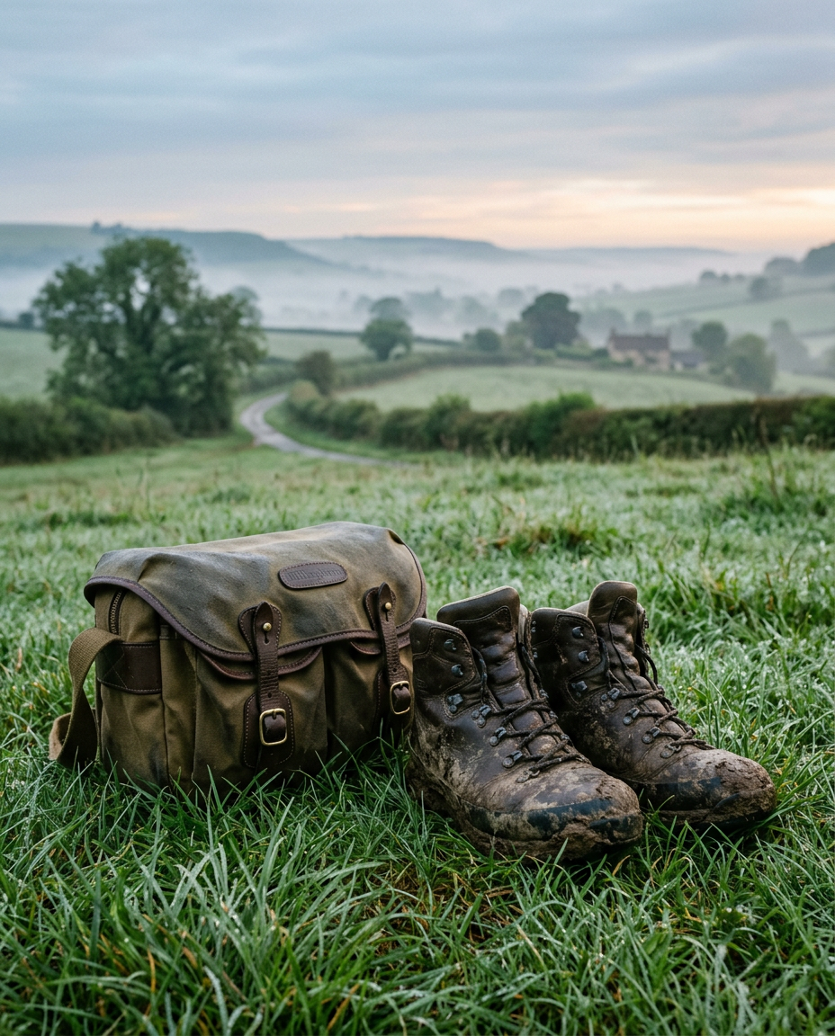 Muddy walking boots and a camera bag on wet grass at dawn