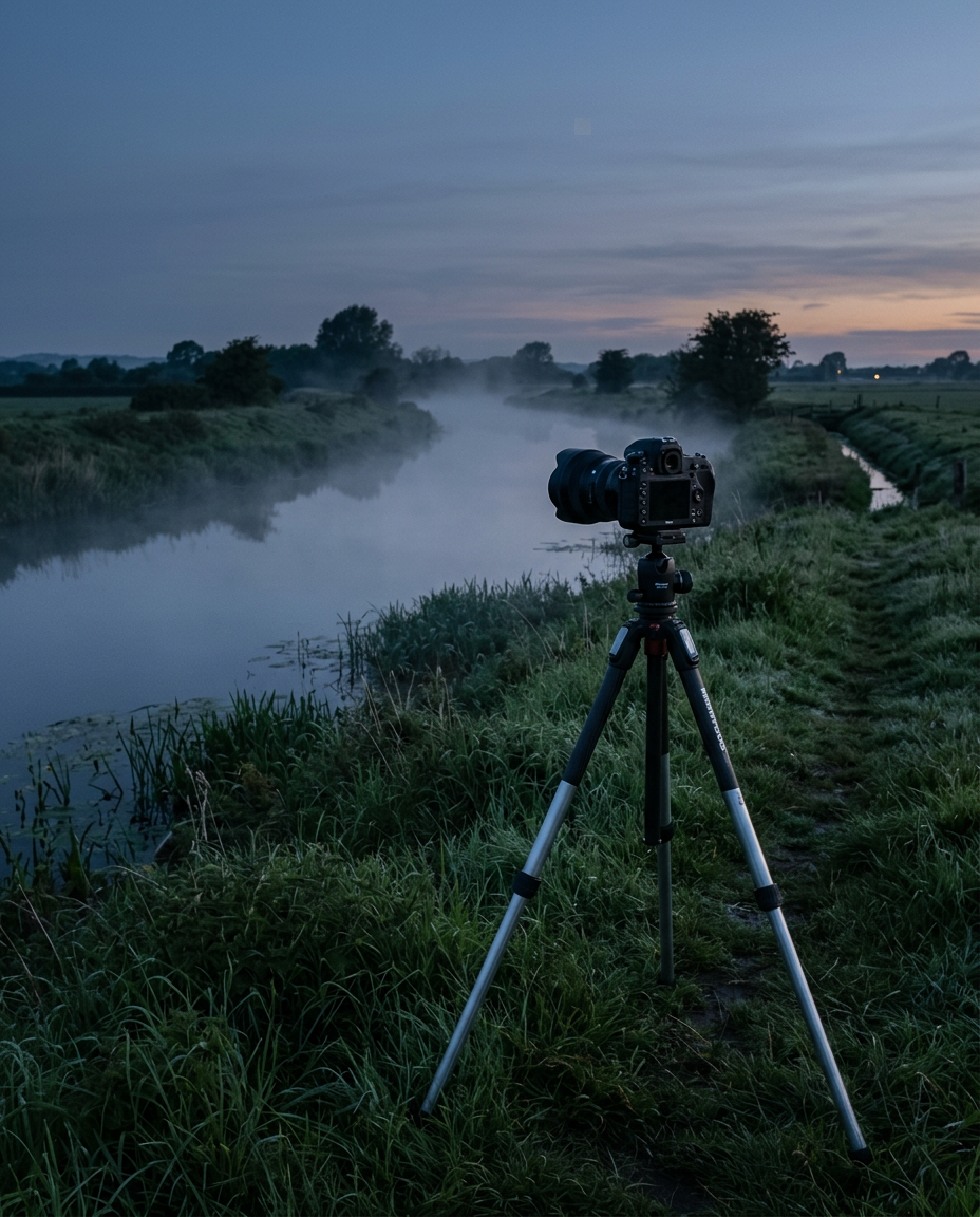 A tripod set up on a riverbank on the Somerset Levels in blue pre-dawn light
