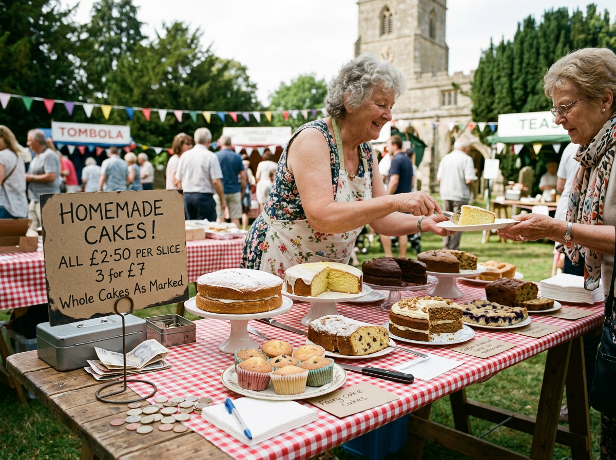 Homemade cakes and a handwritten price sign on a trestle table at a church fête