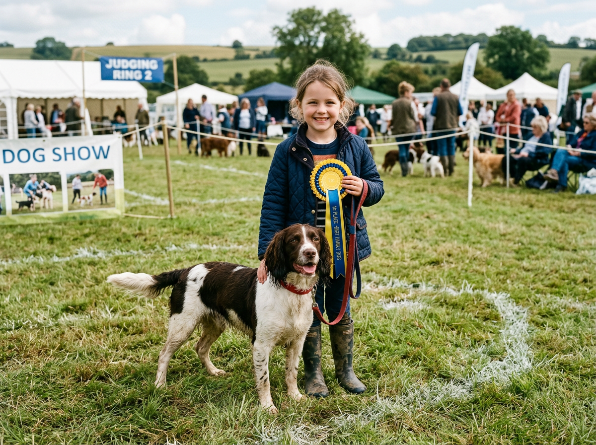 A child holding a rosette beside a spaniel at a village dog show