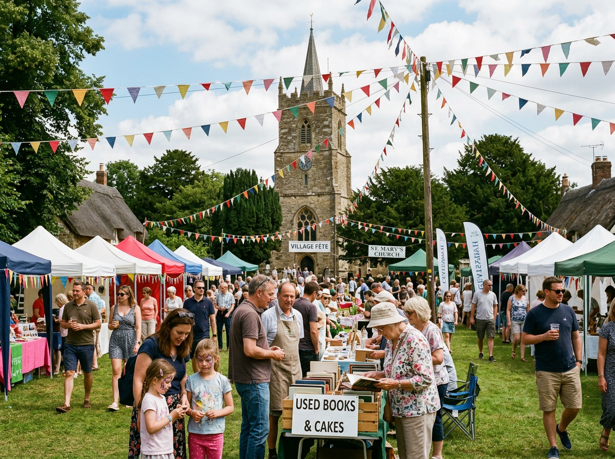 Bunting strung across a village green with people browsing stalls at a summer fête