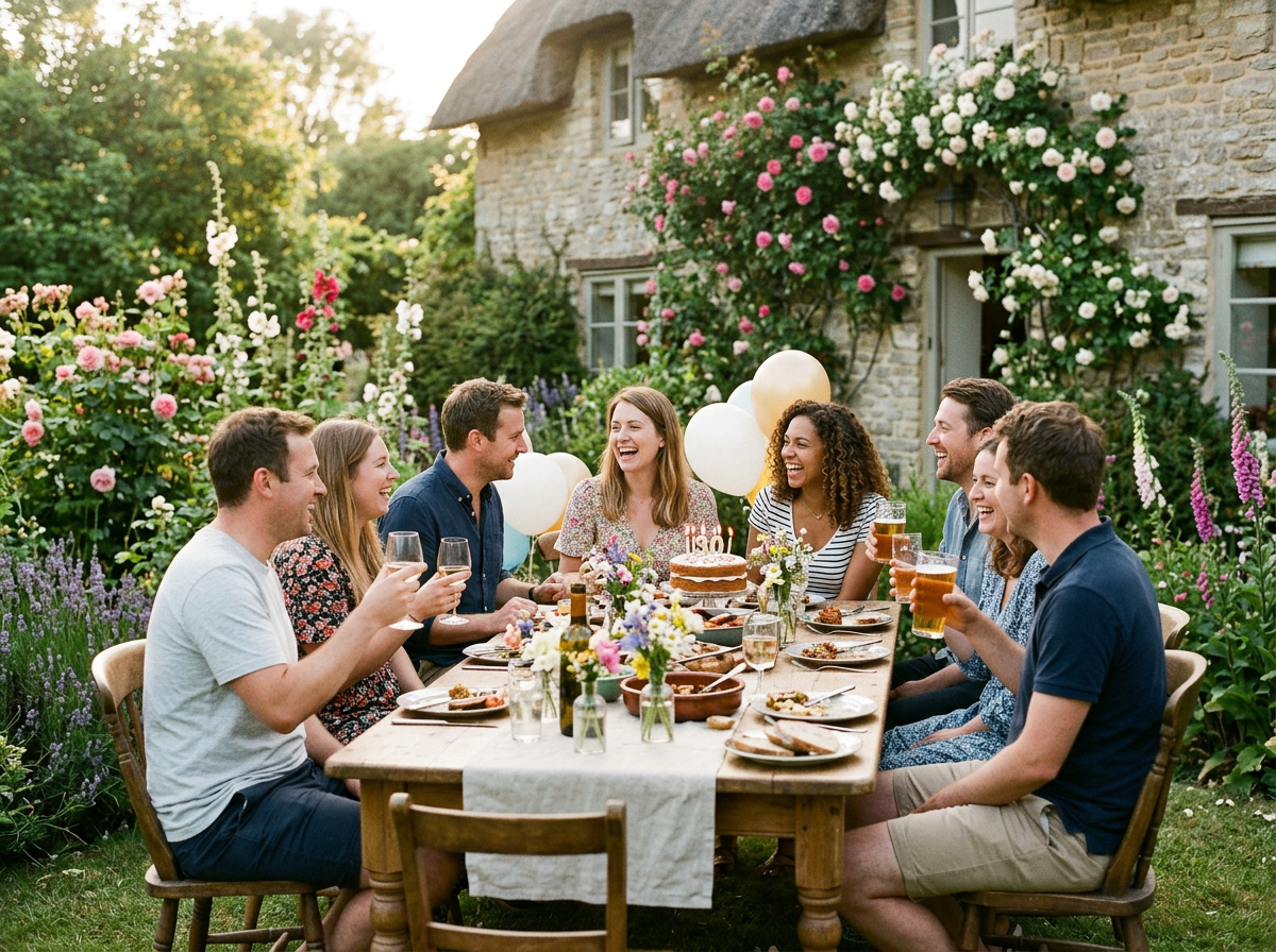 Guests laughing around a long table set in a cottage garden for a small celebration