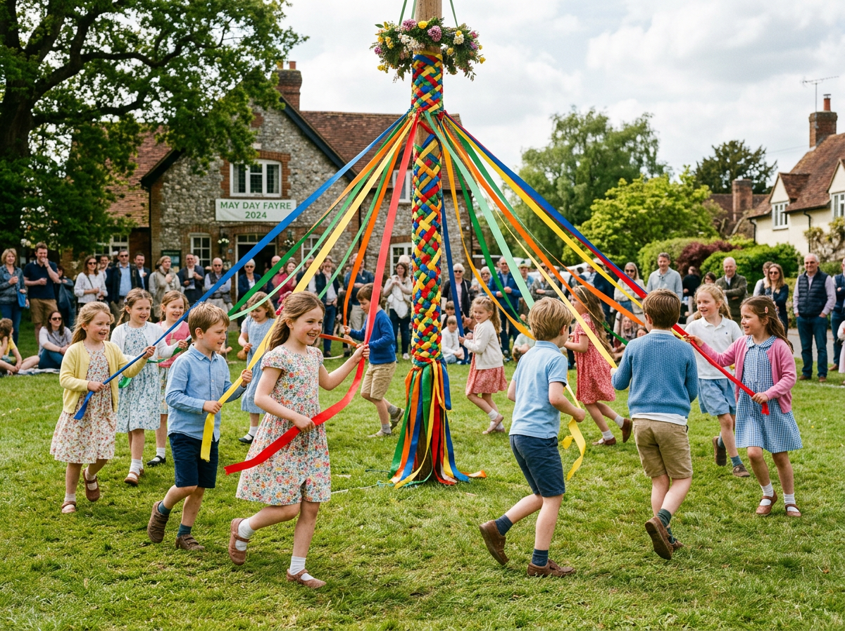 Children dancing around a maypole with coloured ribbons on a village green