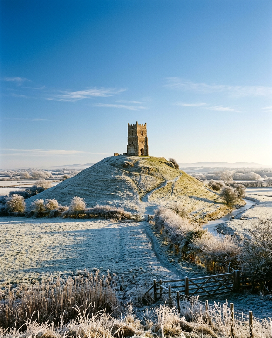 The ruined church on Burrow Mump against a cold blue sky, frost on the grass below