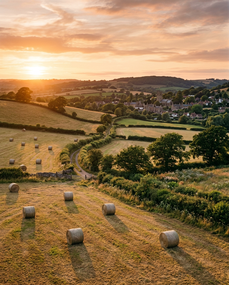 Rolling fields near Castle Cary with hay bales and long shadows at sunset