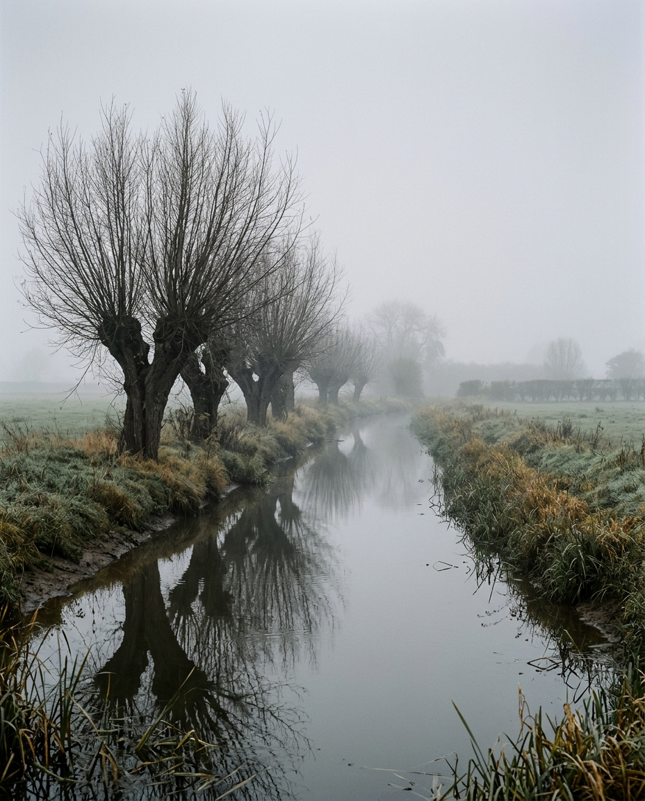 Pollarded willows lining a rhyne on the Somerset Levels on a misty morning